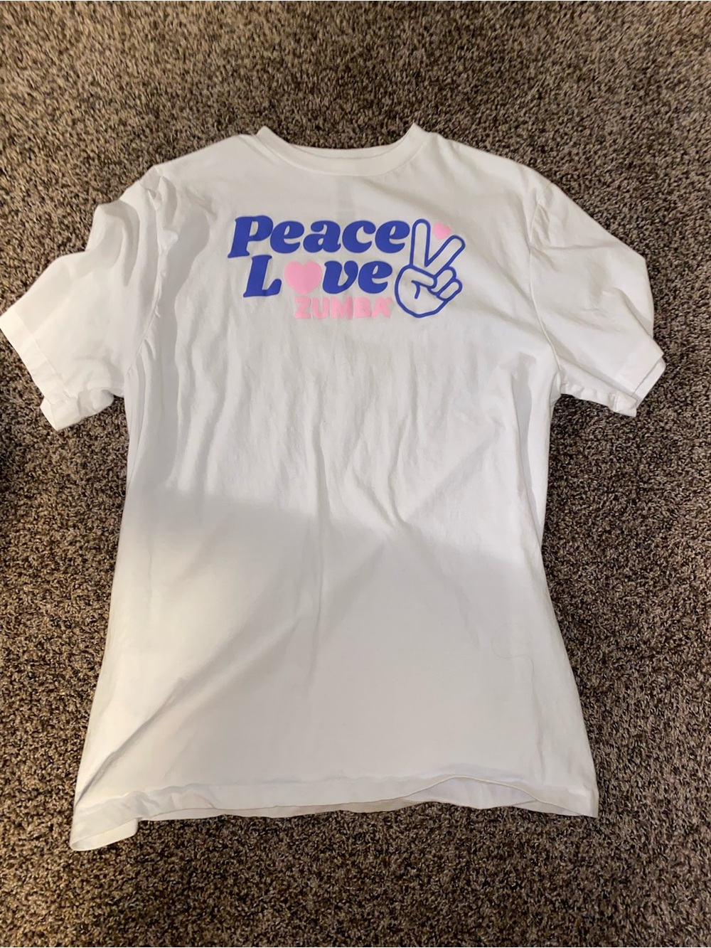 Zumba Fitness White Tee with Blue & Pink 'Peace Love' Graphic